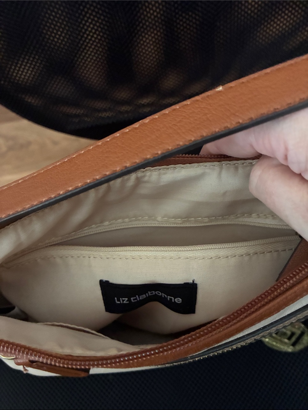 Liz Claiborne Cream and Brown Leather-Trim Shoulder Bag - Picture 3 of 3